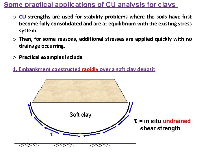 Some practical applications of CU analysis for clays o CU strengths are used for