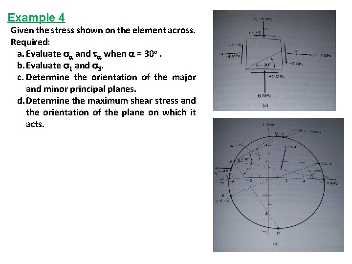 Example 4 Given the stress shown on the element across. Required: a. Evaluate and