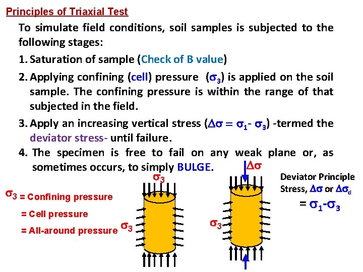 Principles of Triaxial Test To simulate field conditions, soil samples is subjected to the