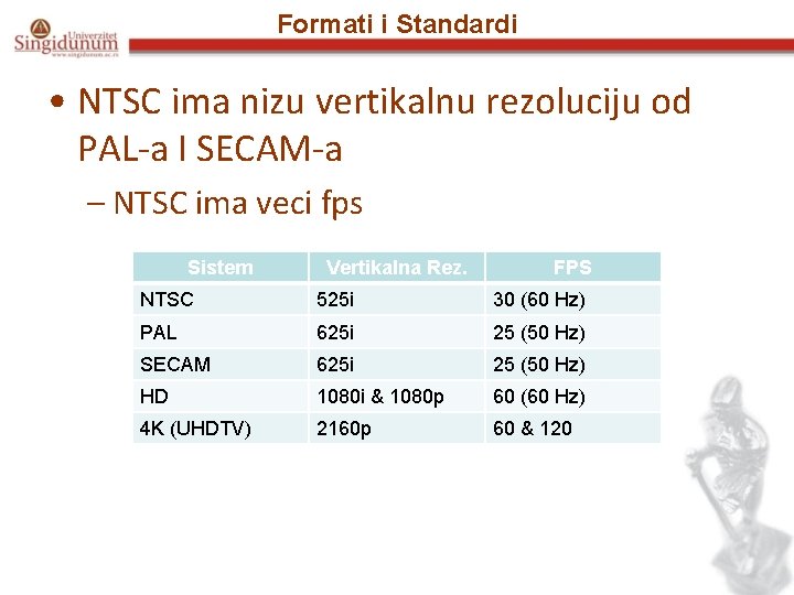 Formati i Standardi • NTSC ima nizu vertikalnu rezoluciju od PAL-a I SECAM-a –