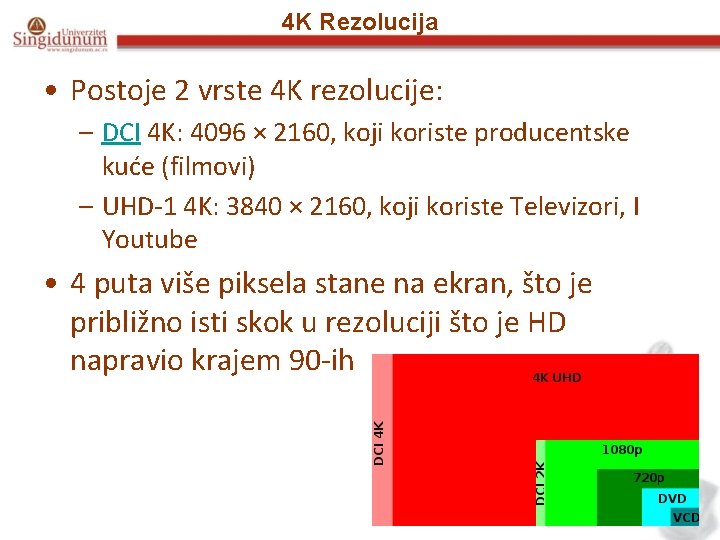 4 K Rezolucija • Postoje 2 vrste 4 K rezolucije: – DCI 4 K: