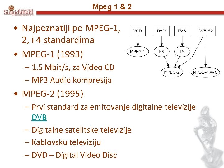 Mpeg 1 & 2 • Najpoznatiji po MPEG-1, 2, i 4 standardima • MPEG-1