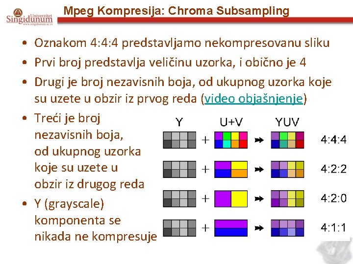 Mpeg Kompresija: Chroma Subsampling • Oznakom 4: 4: 4 predstavljamo nekompresovanu sliku • Prvi