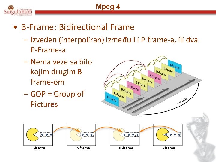 Mpeg 4 • B-Frame: Bidirectional Frame – Izveden (interpoliran) između I i P frame-a,