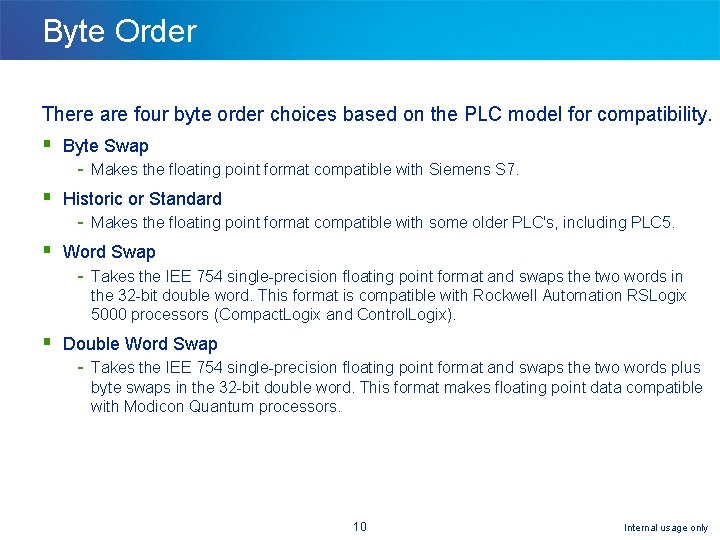 Byte Order There are four byte order choices based on the PLC model for Byte Order There are four byte order choices based on the PLC model for