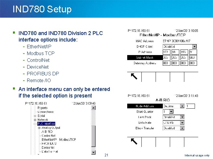 IND 780 Setup § IND 780 and IND 780 Division 2 PLC interface options IND 780 Setup § IND 780 and IND 780 Division 2 PLC interface options