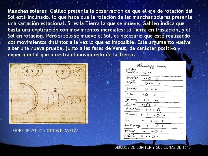 Manchas solares Galileo presenta la observación de que el eje de rotación del Sol