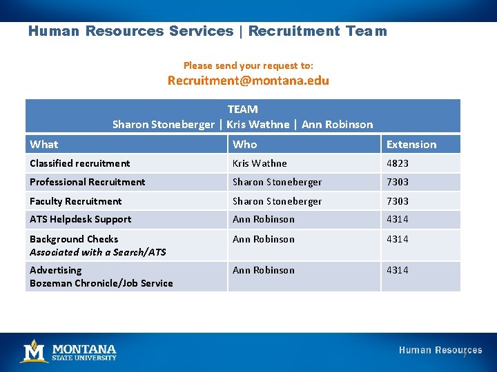 Human Resources Services | Recruitment Team Please send your request to: Recruitment@montana. edu TEAM