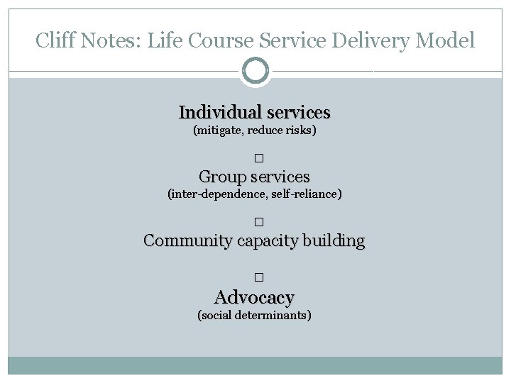 Cliff Notes: Life Course Service Delivery Model Individual services (mitigate, reduce risks) � Group