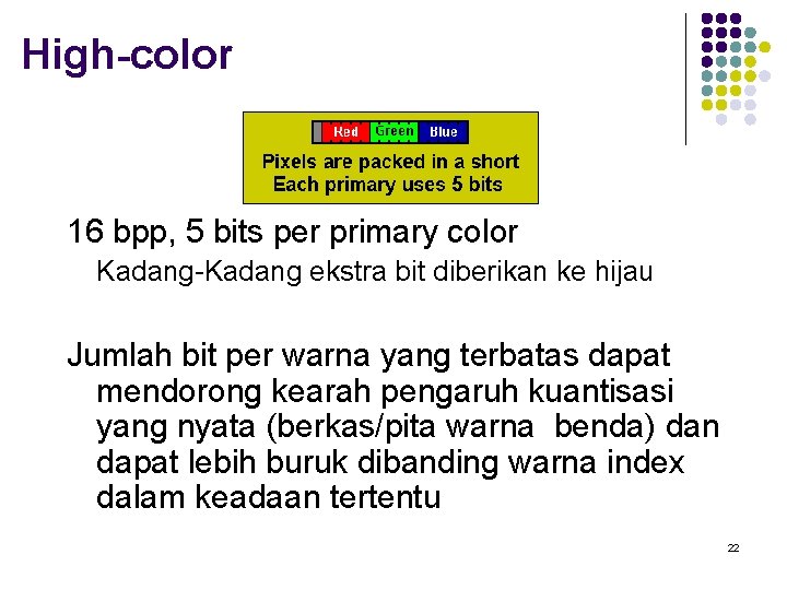 High-color 16 bpp, 5 bits per primary color Kadang-Kadang ekstra bit diberikan ke hijau