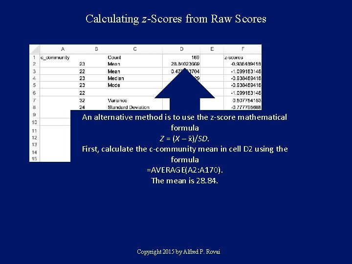 Calculating z-Scores from Raw Scores An alternative method is to use the z-score mathematical
