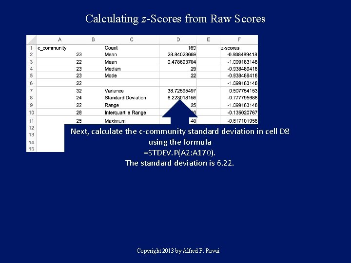 Calculating z-Scores from Raw Scores Next, calculate the c-community standard deviation in cell D