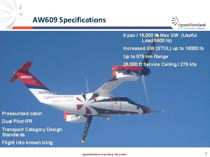 AW 609 Specifications 9 pax / 16, 800 lb Max GW (Useful Load 5500