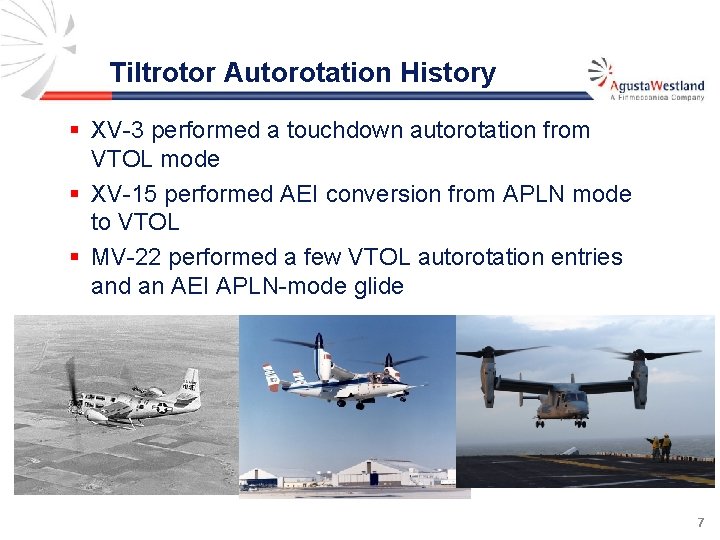 Tiltrotor Autorotation History § XV-3 performed a touchdown autorotation from VTOL mode § XV-15