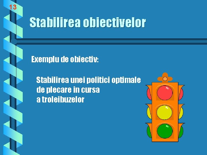 13 Stabilirea obiectivelor Exemplu de obiectiv: Stabilirea unei politici optimale de plecare in cursa