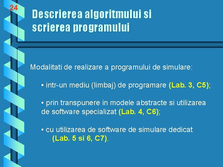 24 Descrierea algoritmului si scrierea programului Modalitati de realizare a programului de simulare: •