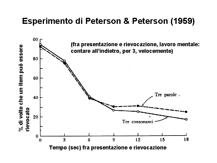 % di volte che un item può essere rievocato Esperimento di Peterson & Peterson