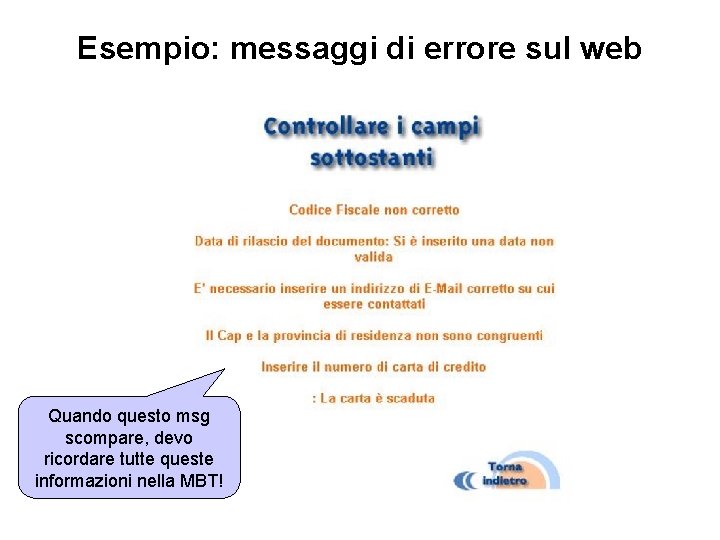 Esempio: messaggi di errore sul web Quando questo msg scompare, devo ricordare tutte queste