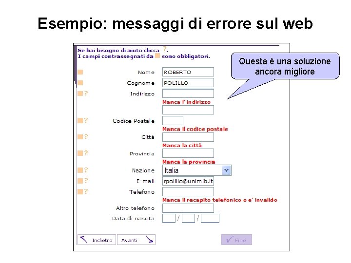 Esempio: messaggi di errore sul web Questa è una soluzione ancora migliore 