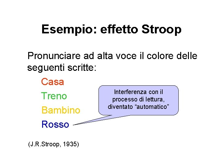 Esempio: effetto Stroop Pronunciare ad alta voce il colore delle seguenti scritte: Casa Interferenza