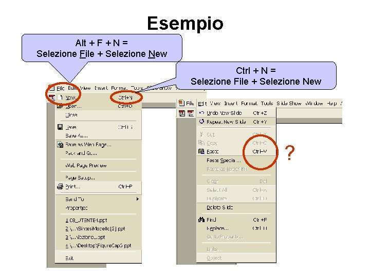Esempio Alt + F + N = Selezione File + Selezione New Ctrl +