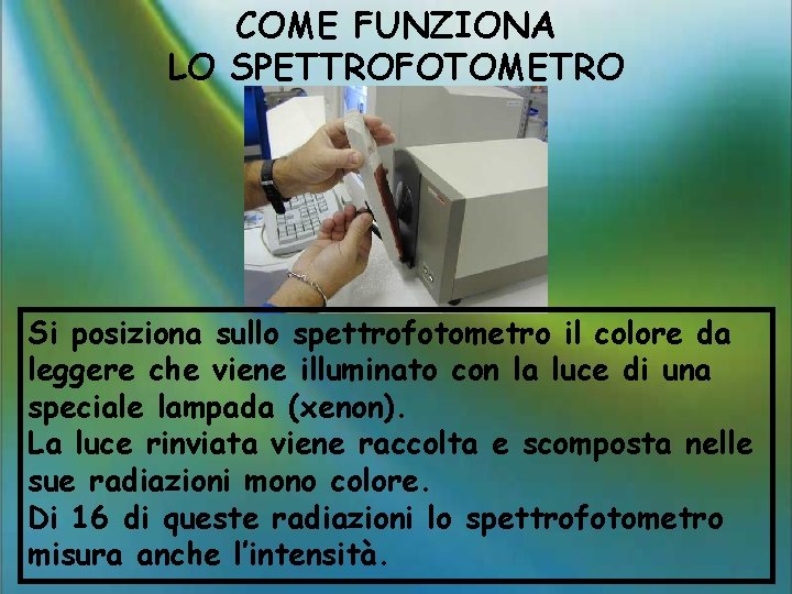 COME FUNZIONA LO SPETTROFOTOMETRO Si posiziona sullo spettrofotometro il colore da leggere che viene