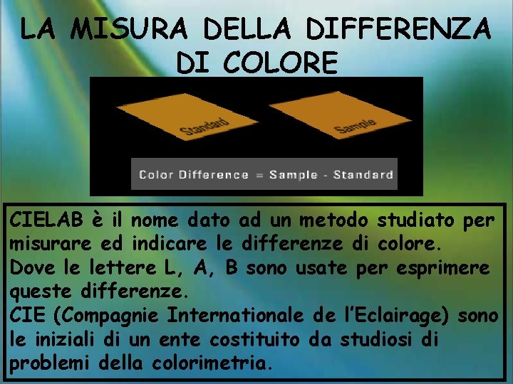 LA MISURA DELLA DIFFERENZA DI COLORE CIELAB è il nome dato ad un metodo