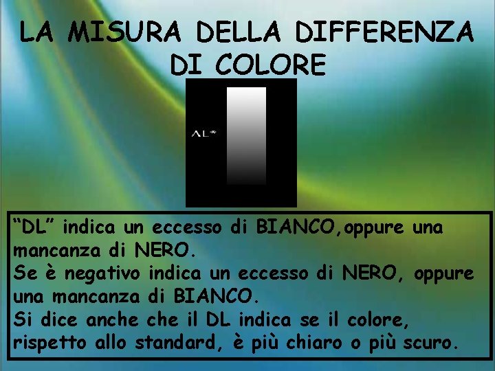 LA MISURA DELLA DIFFERENZA DI COLORE “DL” indica un eccesso di BIANCO, oppure una