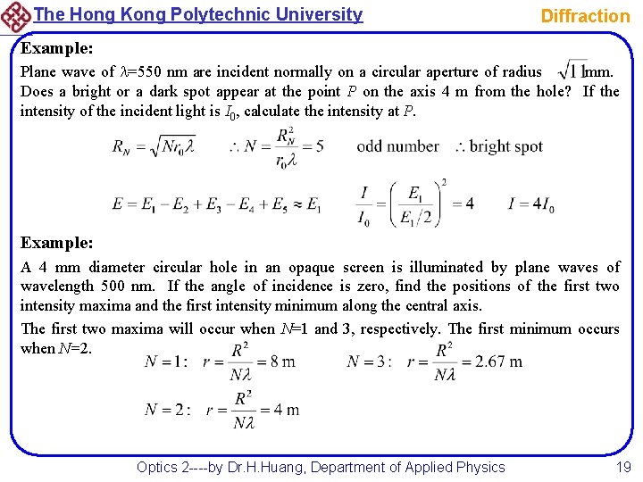 The Hong Kong Polytechnic University Diffraction Example: Plane wave of =550 nm are incident