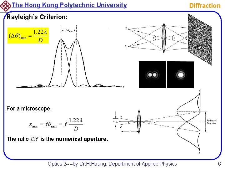 The Hong Kong Polytechnic University Diffraction Rayleigh’s Criterion: For a microscope, The ratio D/f