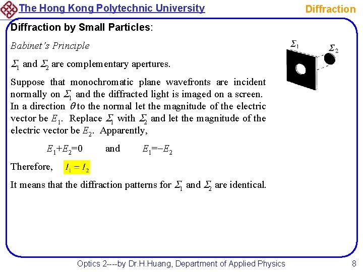 The Hong Kong Polytechnic University Diffraction by Small Particles: Babinet’s Principle 1 and 2