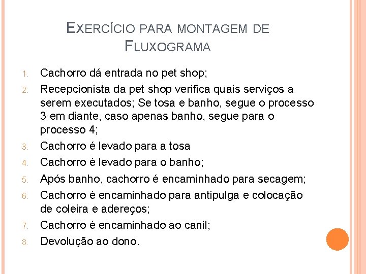 EXERCÍCIO PARA MONTAGEM DE FLUXOGRAMA 1. 2. 3. 4. 5. 6. 7. 8. Cachorro