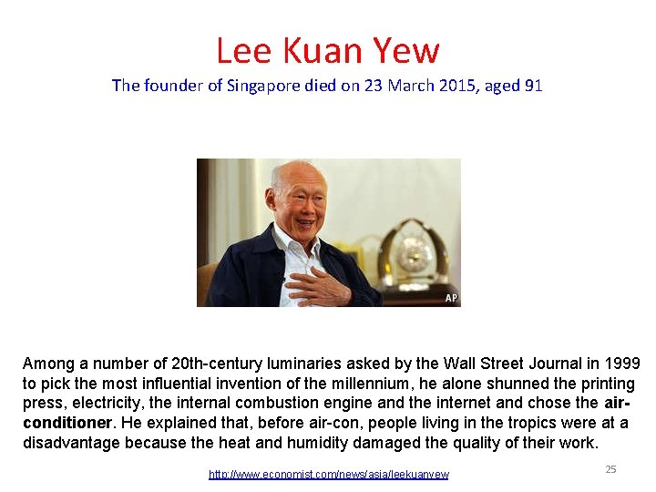 Lee Kuan Yew The founder of Singapore died on 23 March 2015, aged 91
