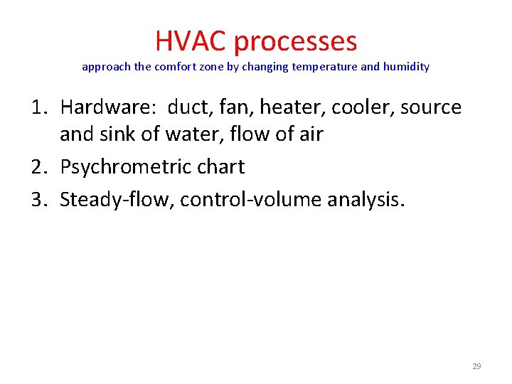 HVAC processes approach the comfort zone by changing temperature and humidity 1. Hardware: duct,