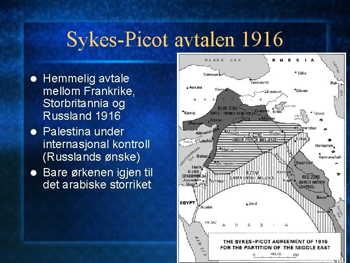 Sykes-Picot avtalen 1916 Hemmelig avtale mellom Frankrike, Storbritannia og Russland 1916 l Palestina under