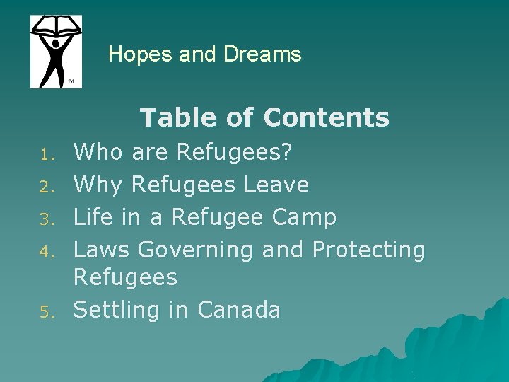 Hopes and Dreams Table of Contents 1. 2. 3. 4. 5. Who are Refugees?