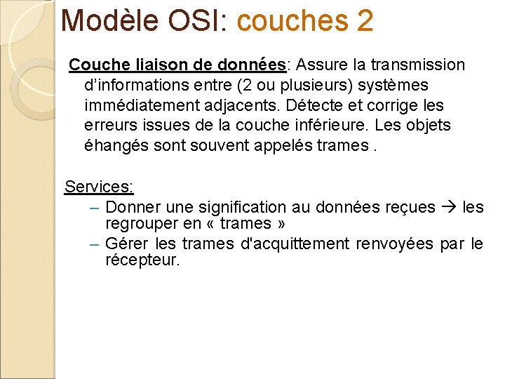 Modèle OSI: couches 2 Couche liaison de données: Assure la transmission Couche liaison de