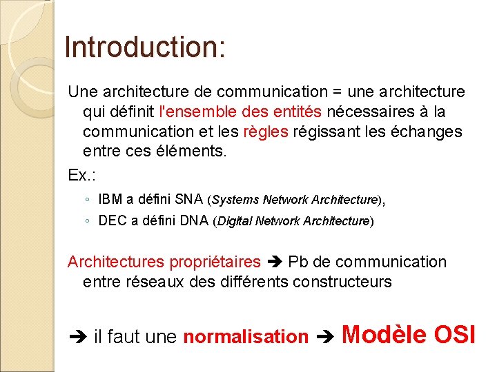 Introduction: Une architecture de communication = une architecture qui définit l'ensemble des entités nécessaires