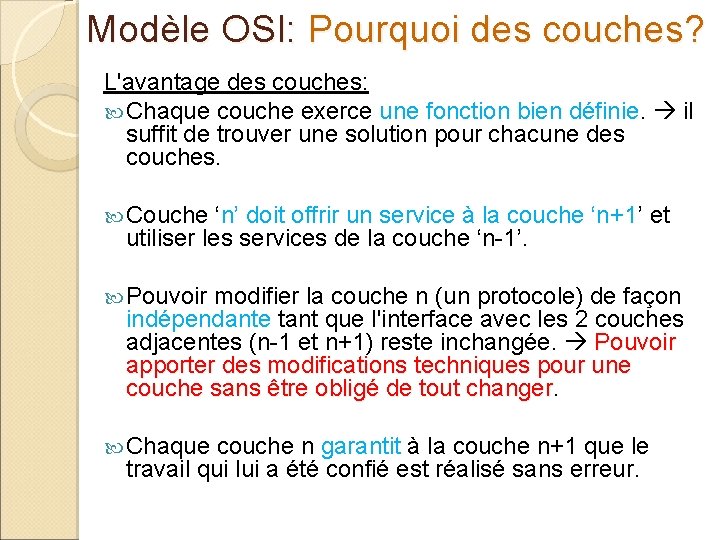 Modèle OSI: Pourquoi des couches? L'avantage des couches: Chaque couche exerce une fonction bien