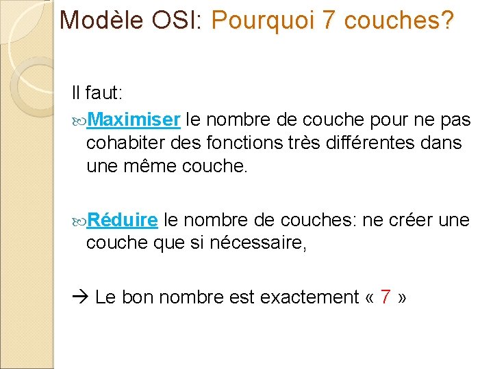 Modèle OSI: Pourquoi 7 couches? Il faut: Maximiser le nombre de couche pour ne