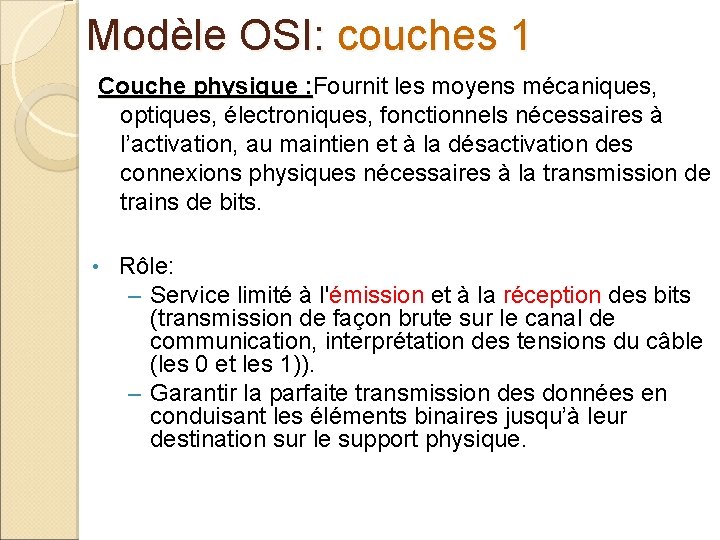 Modèle OSI: couches 1 Couche physique : Fournit les moyens mécaniques, Couche physique :