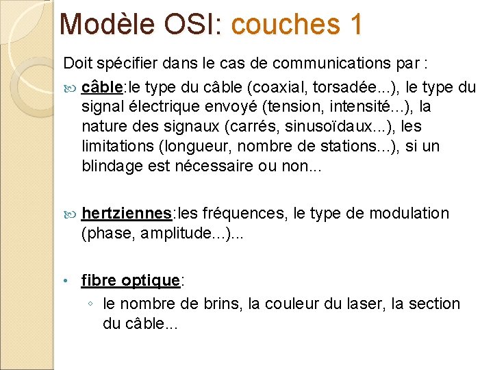 Modèle OSI: couches 1 Doit spécifier dans le cas de communications par : câble: