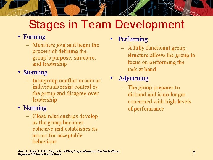 Stages in Team Development • Forming – Members join and begin the process of