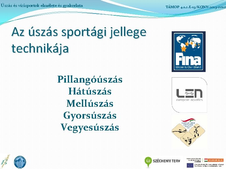 Úszás és vízisportok elmélete és gyakorlata Az úszás sportági jellege technikája Pillangóúszás Hátúszás Mellúszás