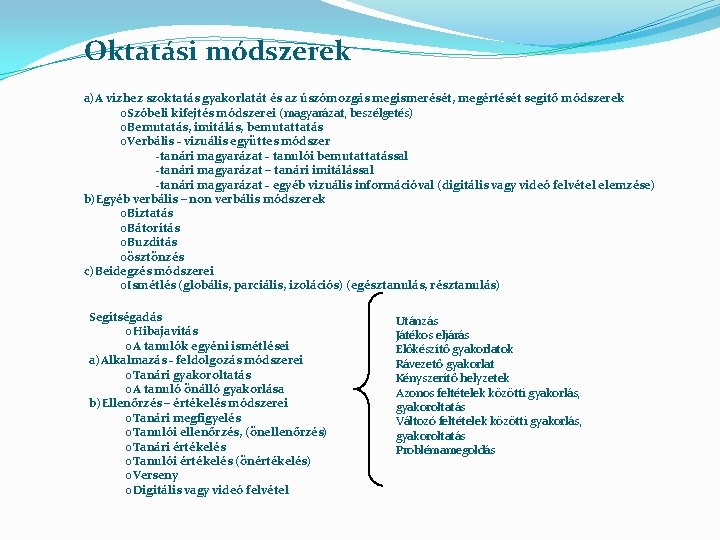 Oktatási módszerek a)A vízhez szoktatás gyakorlatát és az úszómozgás megismerését, megértését segítő módszerek o.