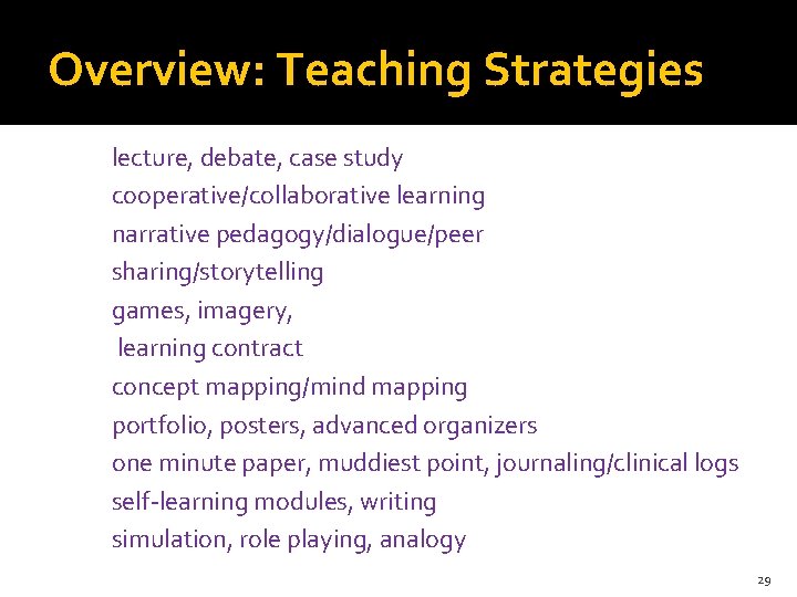 Overview: Teaching Strategies lecture, debate, case study cooperative/collaborative learning narrative pedagogy/dialogue/peer sharing/storytelling games, imagery,