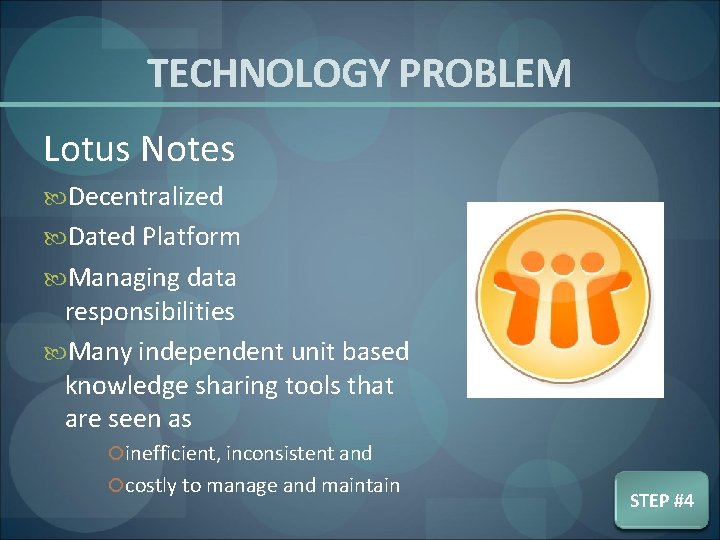 TECHNOLOGY PROBLEM Lotus Notes Decentralized Dated Platform Managing data responsibilities Many independent unit based