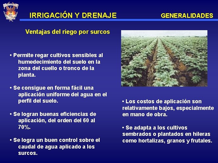 IRRIGACIÓN Y DRENAJE GENERALIDADES Ventajas del riego por surcos • Permite regar cultivos sensibles