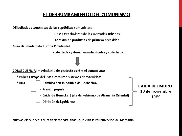 EL DERRUMBAMIENTO DEL COMUNISMO Dificultades económicas de las repúblicas comunistas: -Desabastecimiento de los mercados