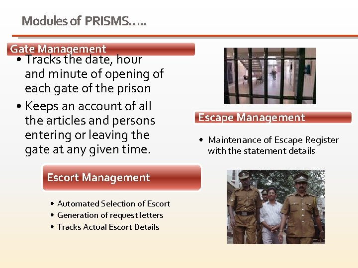 Modules of PRISMS…. . Gate Management • Tracks the date, hour and minute of